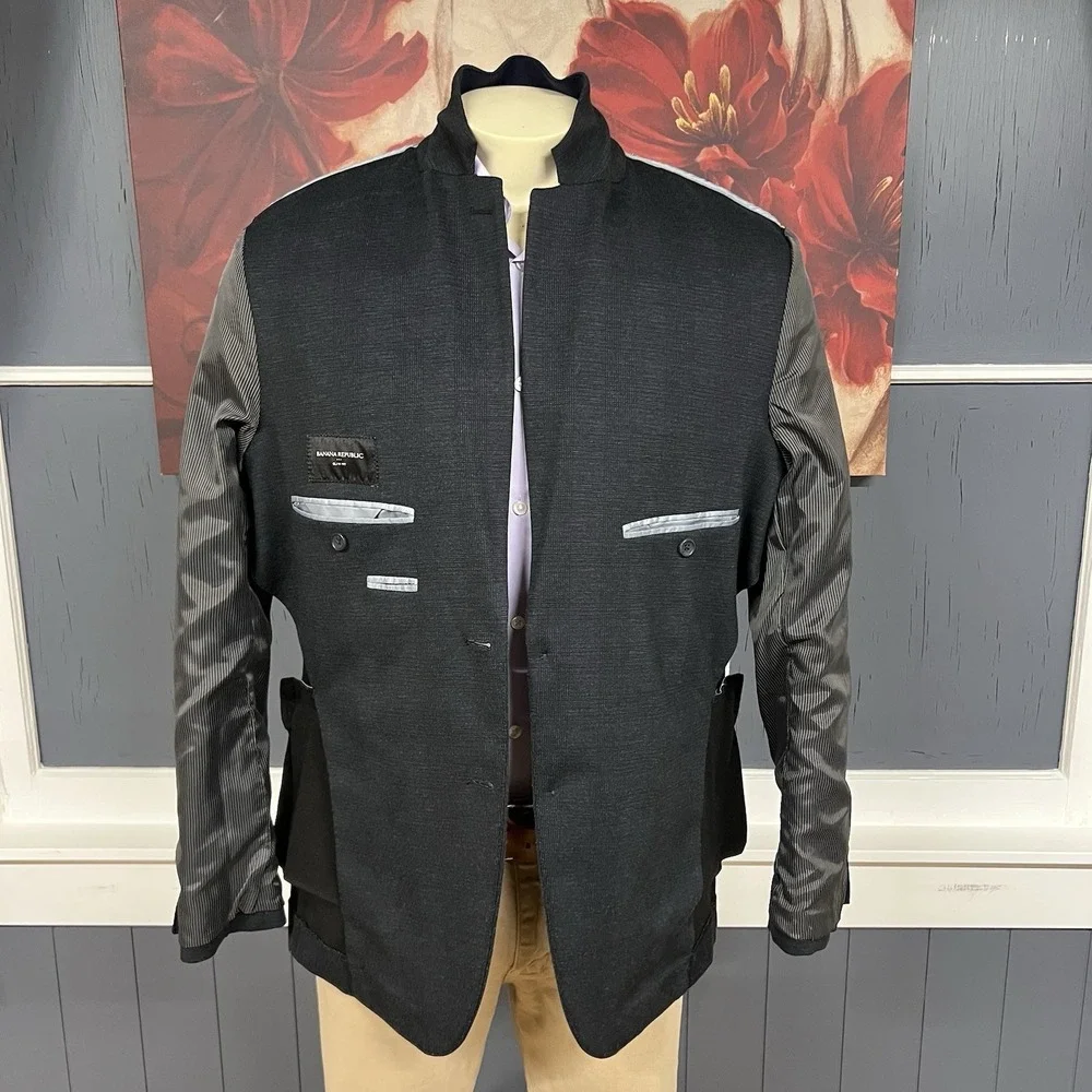 Banana Republic Blazer Mens 44R Slim Fit Jersey Poly Blend Stretch Dark Charcoal